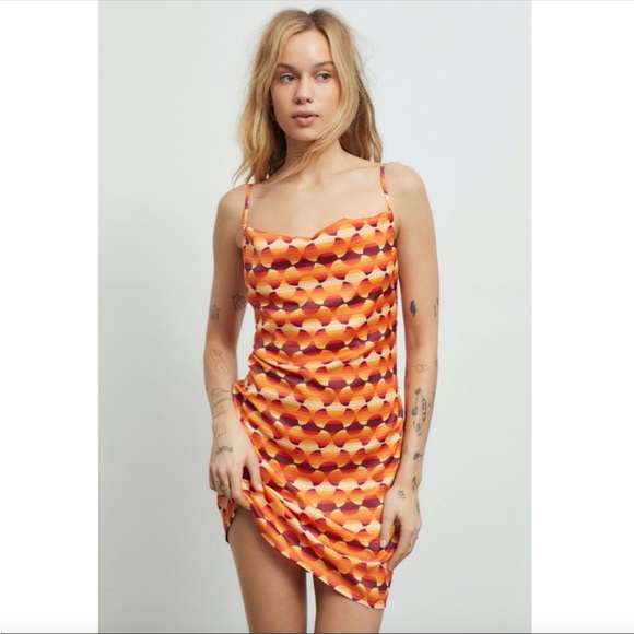 Urban Outfitters | UO Mallory Cowl Mini Slip Dress Retro Orange Satin New Medium - Picture 7 of 13